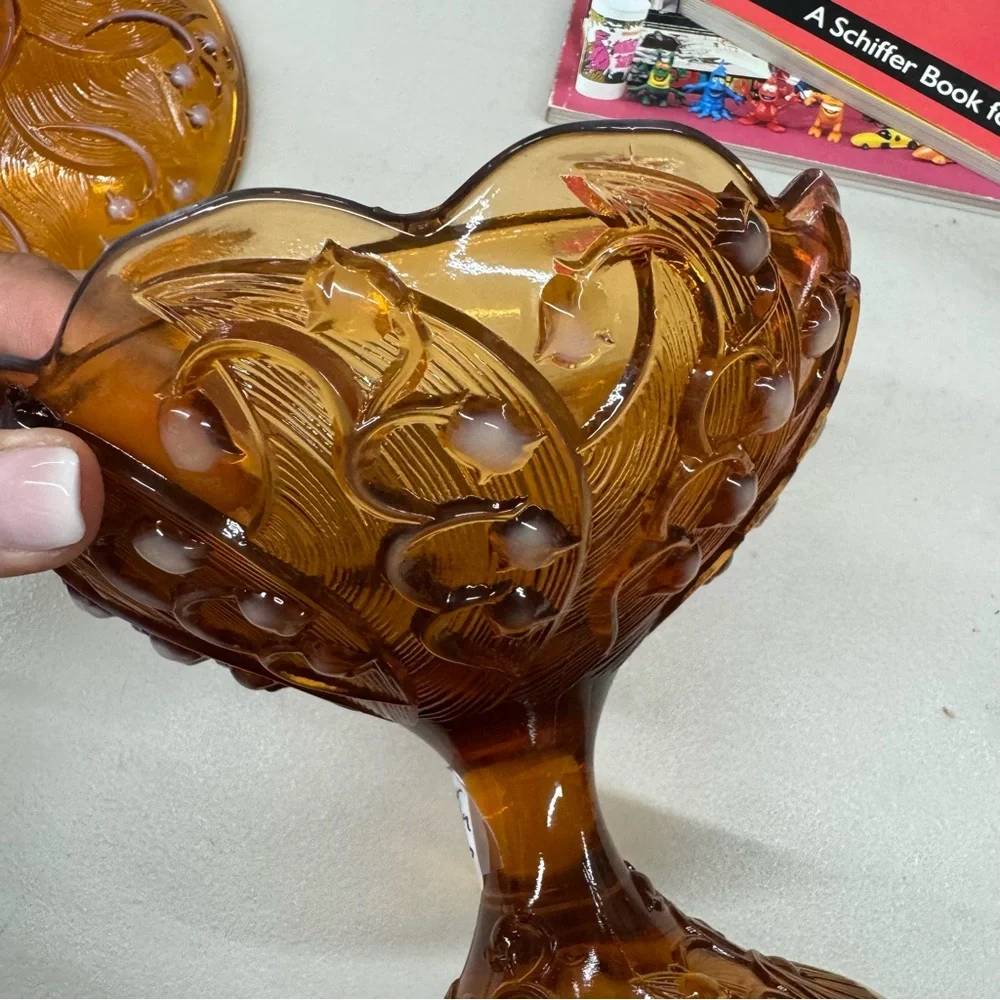 Vintage Fenton Amber Opalescent Lily of the Valley Lidded Pedestal Candy Dish